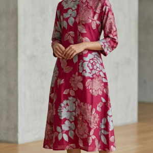 Floral Bloom Chanderi Silk A-Line Midi Dress